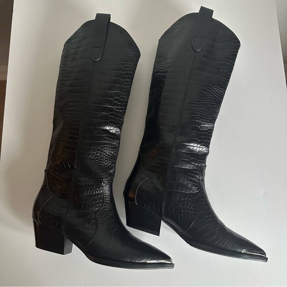 Black Leather Croc-Embossed Knee-High Boots Metal Toe Cap EU 39/ US 8.5-9 - Picture 3 of 16